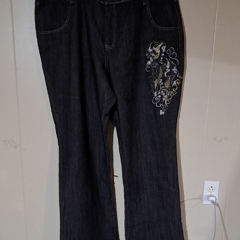 Ashley Stewart Black Embroidered Flare Jeans